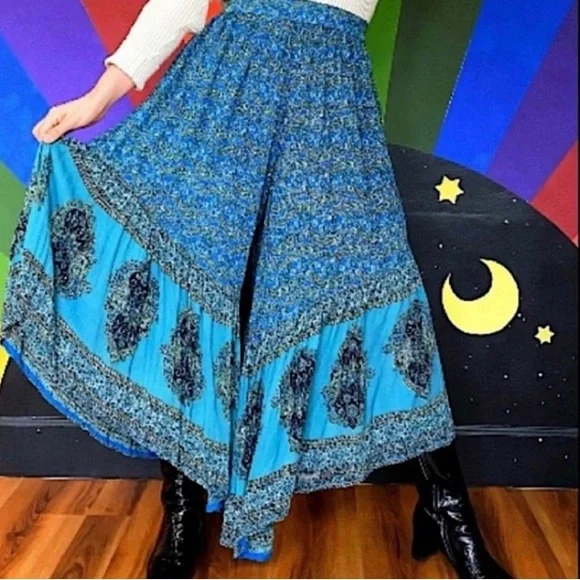 ANGIE Pants Skirt Wide Leg Boho Blue Green Black Rayon Flowy Hi Lo Size Small - Picture 3 of 8